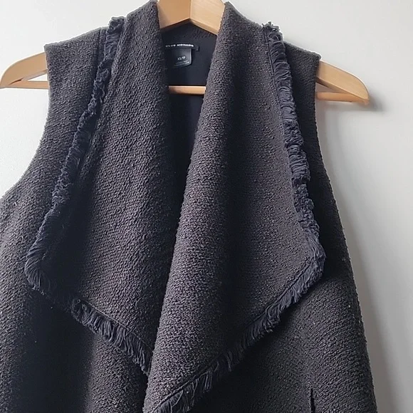 Club Monaco Tweed Fringe Open Collar Long Vest Jacket - Picture 2 of 7